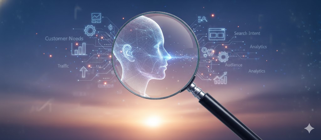 "Digital marketing analytics and customer intent visualization with a magnifying glass."